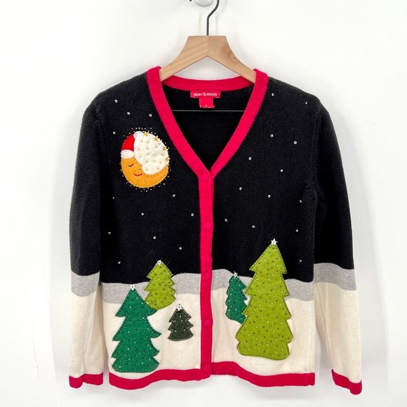 Vintage 90s Merry & Bright Christmas Tree V-Neck Cardigan S - Picture 2 of 8